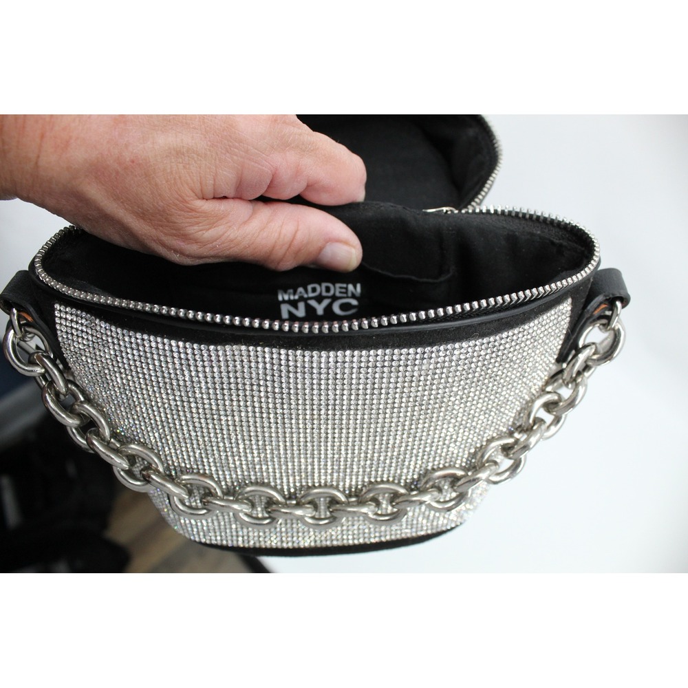 Madden NYC Rhinestone Bucket Bag Black Silver Chain Crossbody Handbag - Picture 5 of 11